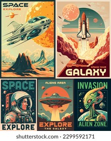 Alien zone set posters colorful with shuttles flying in space and ufos in habitat of martians vector illustration