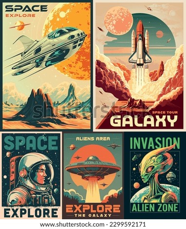Alien zone set posters colorful with shuttles flying in space and ufos in habitat of martians vector illustration