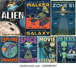 Alien zone set vintage posters colorful flying saucers among stars mars walker exploring planet in search of Martians vector illustration