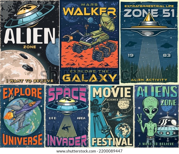 Alien zone set vintage posters colorful\
flying saucers among stars mars walker exploring planet in search\
of Martians vector\
illustration