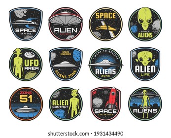 Alien zone, ufo area and space shuttles vector retro icons. Extraterrestrial comer with green skin and huge eyes. Space journey labels with spaceship in outer cosmos, saucers in sky, alien contact