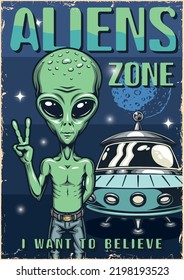 Alien Zone Vintage buntes Poster grün Martian zeigt V mit den Fingern mit den Worten Ich möchte Vektorgrafik glauben