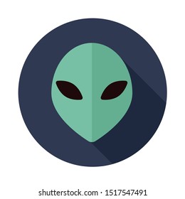 Alien/extraterrestrial face, alien sign. Simple round icon with long shadow