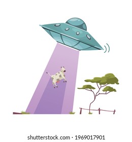 Aliens abducting cow cartoon vector illustration