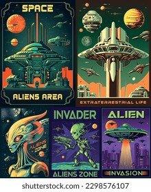 Aliens area colorful set posters with flying saucers and armed martians for sci-fi club decoration vector illustration