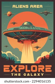 Vintage-Poster im Aliengebiet bunt mit UFO-Untertasse fliegen über Wald für den Concept-martian-Angriff auf den Planeten Erde Vektorgrafik