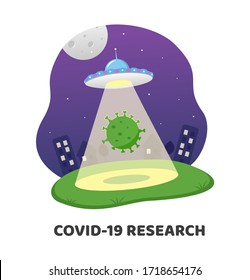 Aliens arrived on earth and took coronovirus for research. Covid-19 pandemic concept. Flat vector illustration. People stayed at home in the evening.