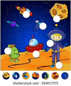 Aliens, astronaut and rocket standing on the surface of Mars. complete the puzzle and find the missing parts of the picture. Vector illustration. Educational game for kids