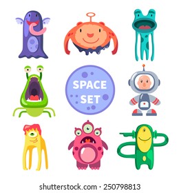 Aliens and astronaut, space world. Vector flat illustrations 