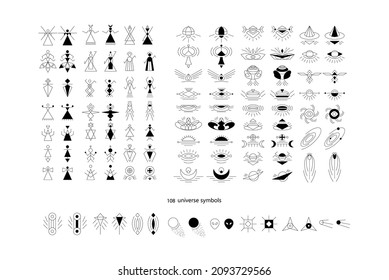 Aliens, astronauts,  planets, spaceships, comets, universe worlds, moon, sun, planets, stars, galaxies logos, solar,  astrology line art icons, simple style elements, vector signs and symbols 