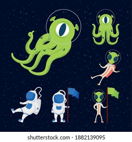 aliens and astronauts space set icons vector illustration design