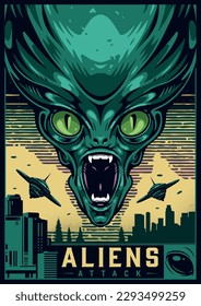 Aliens attack monochrome set label with head of terrible green monster threatening city with people from planet earth vector illustration