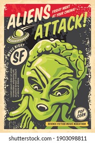 Aliens attack retro poster concept for science fiction movie festival. Vintage sign with creature from outer space and UFO spaceship. Cinema event vector flyer template.