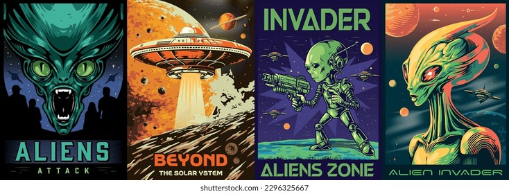 Aliens attack set posters colorful with aggressive martians and green humanoids defending their planet in space vector illustration