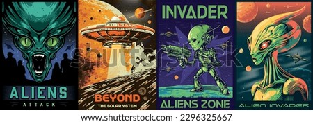Aliens attack set posters colorful with aggressive martians and green humanoids defending their planet in space vector illustration