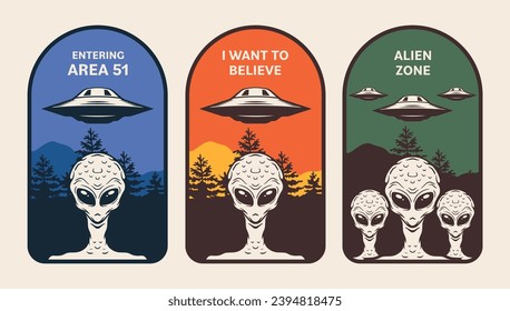 Aliens Badges Set. UFO UAP. Abzeichen mit außerirdischem Raumschiff und Humanoiden. Vektorgrafik, Farbstil.