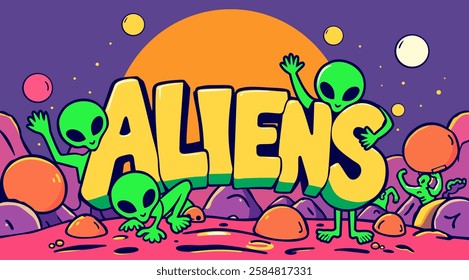 Aliens. Bright vintage vector banner with lettering.