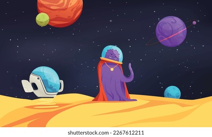 Aliens cartoon background with moster astronaut on planet surface vector illustration