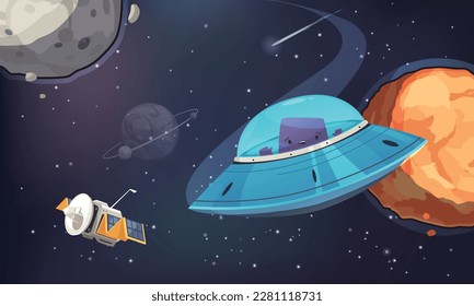 Aliens cartoon concept with monster creature in flying saucer vector illustration