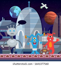 Aliens cartoon happy monsters at cosmoport launch departure of spaceship vector illustration. Cute monstrous welcoming funny characters kids halloween card poster design.
