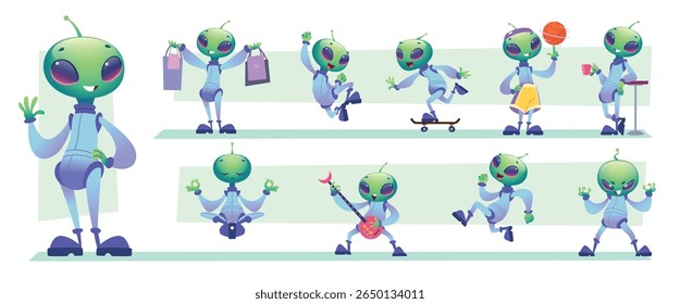 Alienígenas. Mascote de desenhos animados em ação posa andando montando salto vetor exato bonito espaço de personagem alienígena