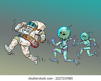 Aliens are chasing an astronaut. Kidnapping. UFOs and ufology. Pop Art Retro Vector Illustration Kitsch Vintage 50s 60s Style