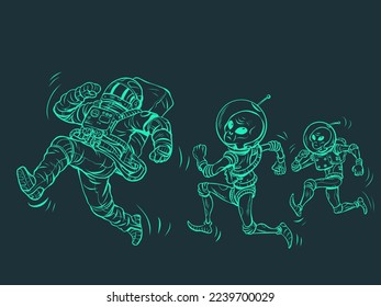 Aliens are chasing an astronaut. Kidnapping. UFOs and ufology. Pop Art Retro Vector Illustration Kitsch Vintage 50s 60s Style