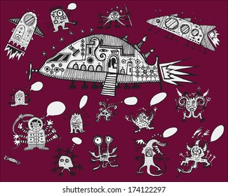 Aliens collection on violet. Hand drawn illustration. 