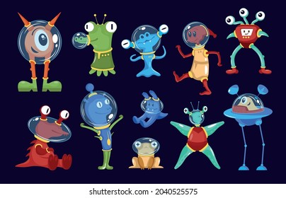 Aliens color set of isolated cartoon style characters of humanoid creatures with scary and funny monsters vector illustration