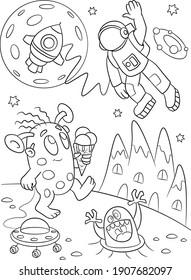 Aliens coloring page. Space background. Universe illustration. Shuttle coloring page. Space ship and planets sketch. Cosmos coloring page. Children's coloring book