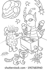 Aliens coloring page. Space background. Universe illustration. Children's coloring book