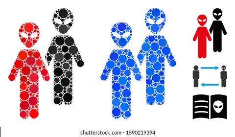 Aliens composition of spheric dots in various sizes and color hues, based on aliens icon. Vector dots are composed into blue composition. Dotted aliens icon in usual and blue versions.