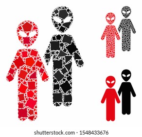 Aliens composition of trembly items in various sizes and color tinges, based on aliens icon. Vector trembly items are combined into mosaic. Aliens icons collage with dotted pattern.