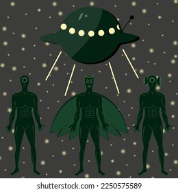 Aliens descend from spacecraft to earth. UFO in the night starry sky. An alien with wings, one-eyed and ears with locators on the background of a spaceship with portholes and an antenna.