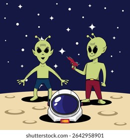 Aliens discover astronaut helmet character illustration