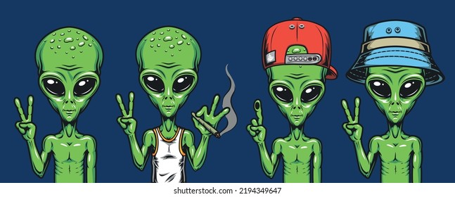 Aliens emblema conjunto de colores vintage de diferentes marcianos en humanoides de moda estilo juvenil verde con gesto de victoria de la paz ilustración vectorial