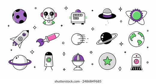 Aliens emblems vintage colorful set of different Martians in trendy youth style green humanoids with peace victory gesture vector illustration.