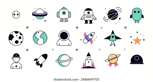 Aliens emblems vintage colorful set of different Martians in trendy youth style green humanoids with peace victory gesture vector illustration.