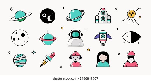 Aliens emblems vintage colorful set of different Martians in trendy youth style green humanoids with peace victory gesture vector illustration.