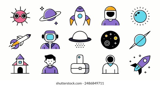 Aliens emblems vintage colorful set of different Martians in trendy youth style green humanoids with peace victory gesture vector illustration.