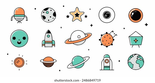 Aliens emblems vintage colorful set of different Martians in trendy youth style green humanoids with peace victory gesture vector illustration.