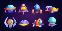 Aliens And Extraterrestrial Dwellers Transport, Cartoon Spaceships Set. Vector Flying Saucers Of UFO, Spacecrafts And Rockets. Discovery In Outer Space And Universe Galaxy. Paranormal Attack Invasion