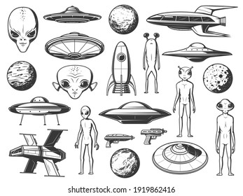 Aliens, extraterrestrial spaceships and planets engraved icons set. Alien life forms, humanoid creatures with big head and eyes, fantastic starships, flying saucers and rockets, blaster pistols vector