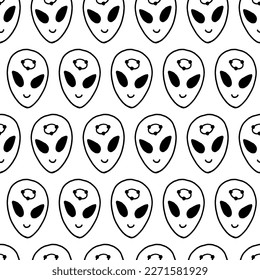 Aliens Face Black and White Vector Seamless Pattern