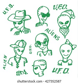 aliens face in different clothes on a white background