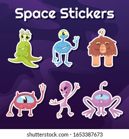 Aliens, fantastic creatures flat cartoon vector illustrations kit. Cute extraterrestrials, martial and mythical animals. Ready to use 2d comic character stickers set. Monsters patch, badge