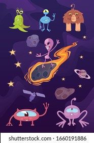 Aliens, fantastic creatures flat cartoon vector illustrations kit. Extraterrestrial, mythical animals in space. Ready to use 2d comic character set templates for commercial, animation, printing