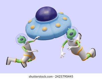Aliens float in weightlessness near UFO. Green humanoids in outer space near flying saucer