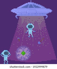 Aliens fly off planet. UFO on spaceship. Space pixel game design layout template. Cartoon characters in spacesuits leave planet and fly into sky. Flying saucer engulfs alien vector illustration