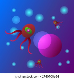 aliens fly in outer space Red cartoon characters cyclops with tentacles against the background of the night sky and blue cold stars concept of fiction and fiction